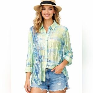 Erin London SZ XL Sheer Blouse Green Blue Stripe Textured Mesh Button Front Top